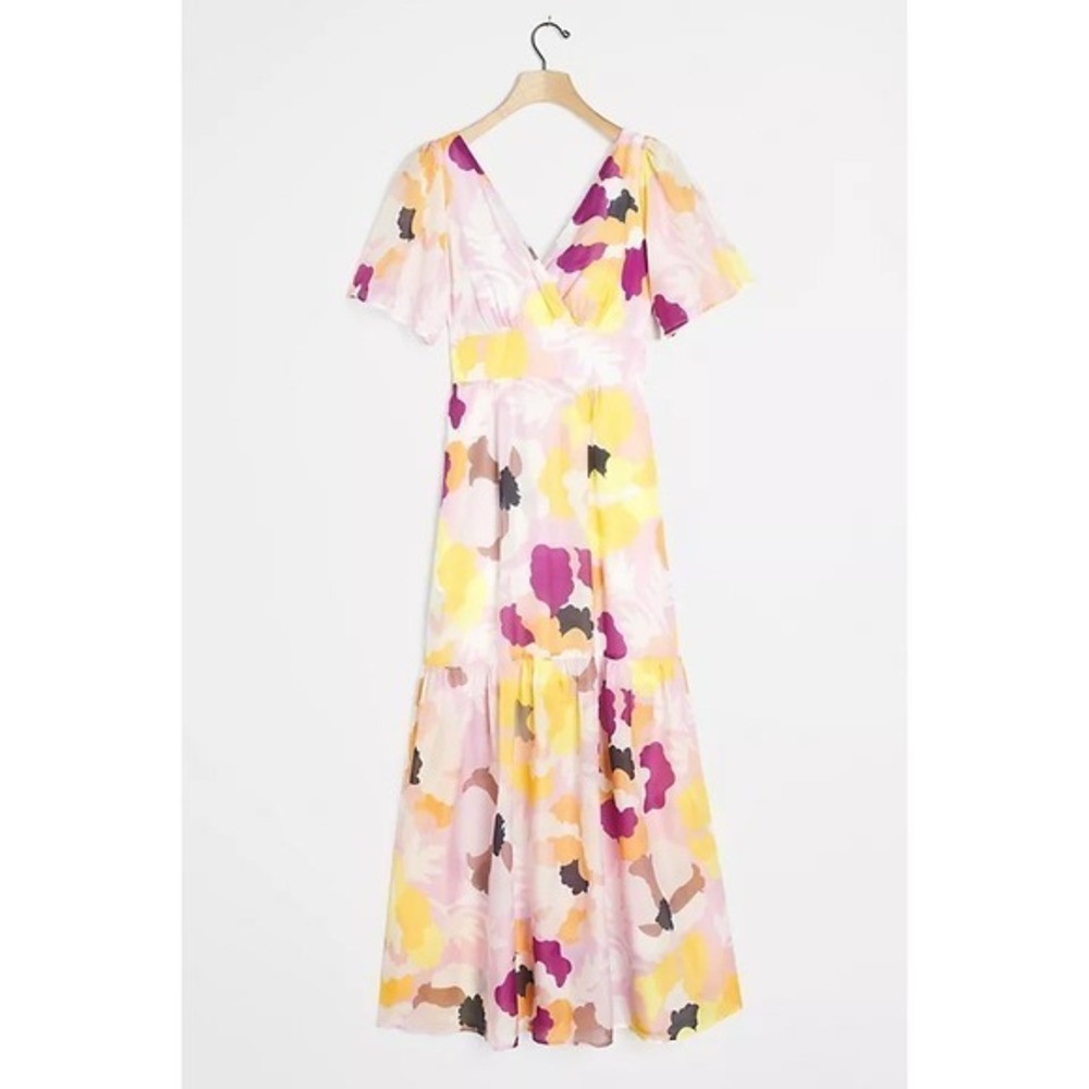 Maeve by Anthropologie Giacinta Tiered Midi Dress Floral Cutout Sz 4 Cotton Silk